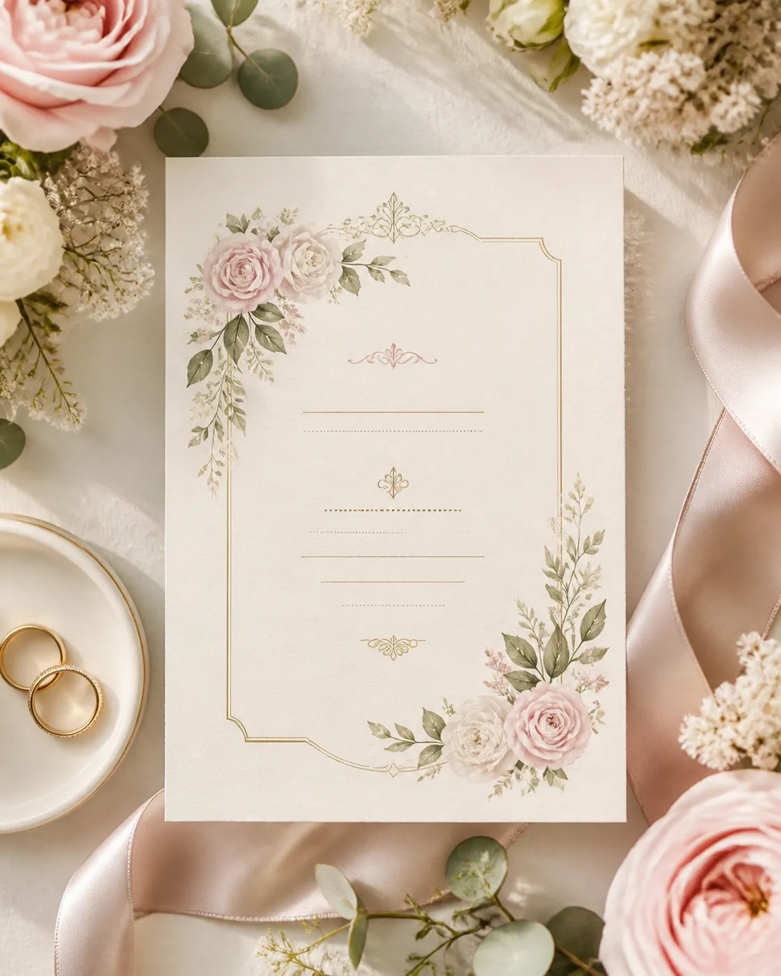 Invitación decorada con flores y anillos de boda sobre una mesa elegante.