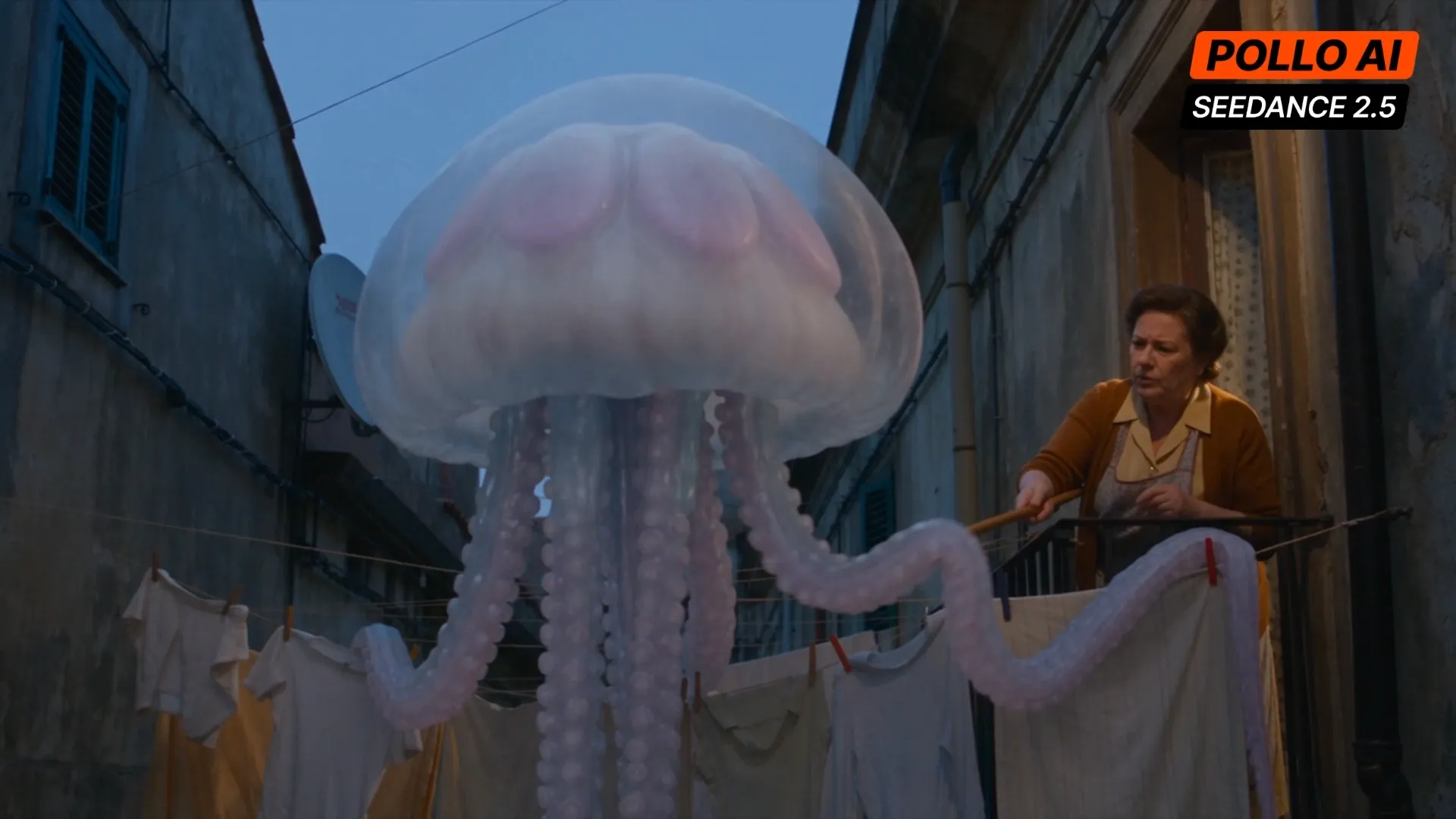 A giant jellyfish hovers over a woman hanging laundry on a balcony.
