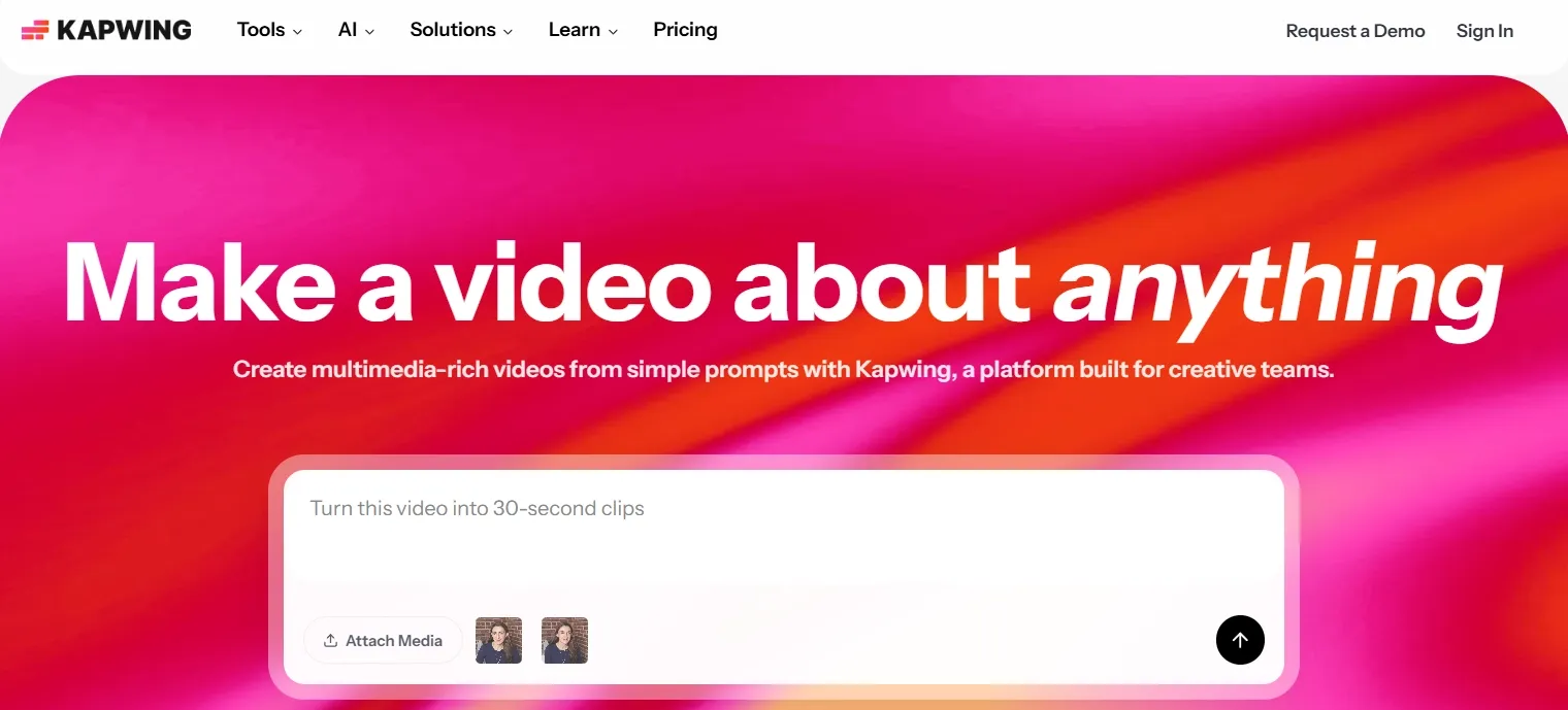 Página de inicio de Kapwing que promueve la creación de videos basada en indicaciones para equipos creativos.