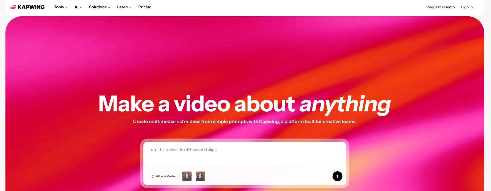 A colorful background with text promoting video creation on Kapwing.