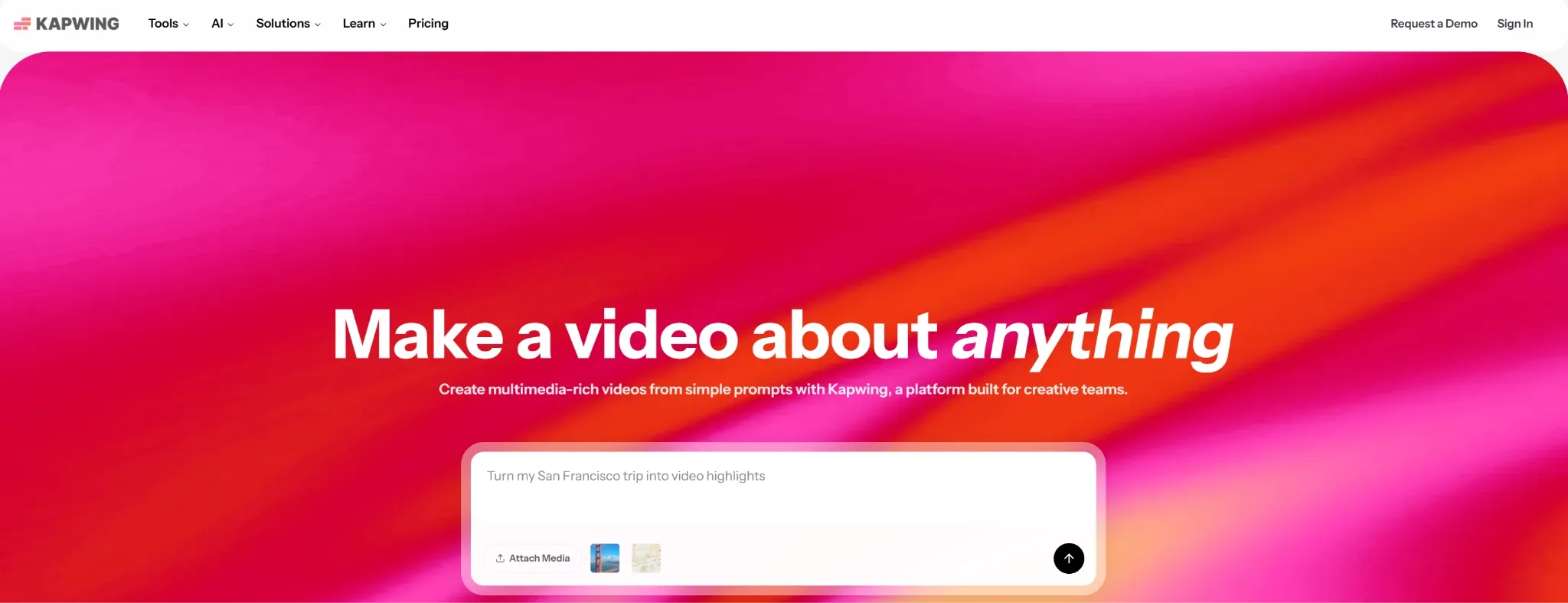 A colorful background with text promoting video creation using Kapwing.