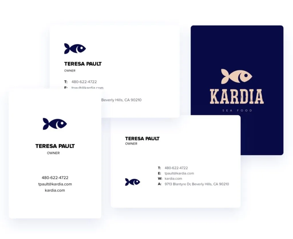 Kartu nama untuk Kardia, menampilkan detail kontak dan logo ikan.