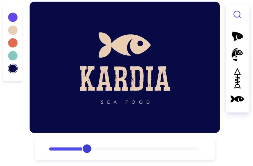 Logo untuk Kardia Sea Food yang menampilkan ikan dan teks bergaya.