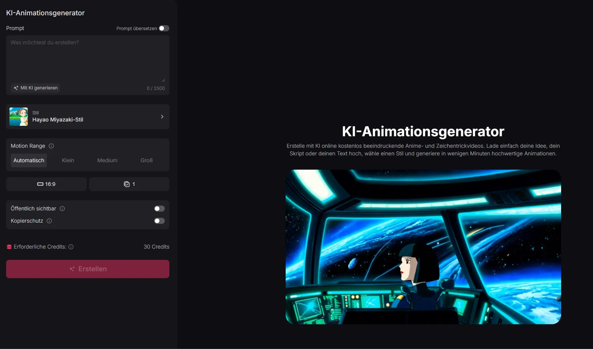 Benutzeroberfläche eines KI-Animationsgenerators mit Sci-Fi-Hintergrund.