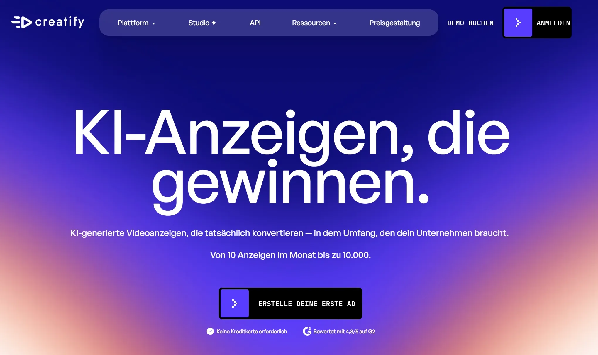 Werbung für KI-generierte Videoanzeigen auf einer Website.