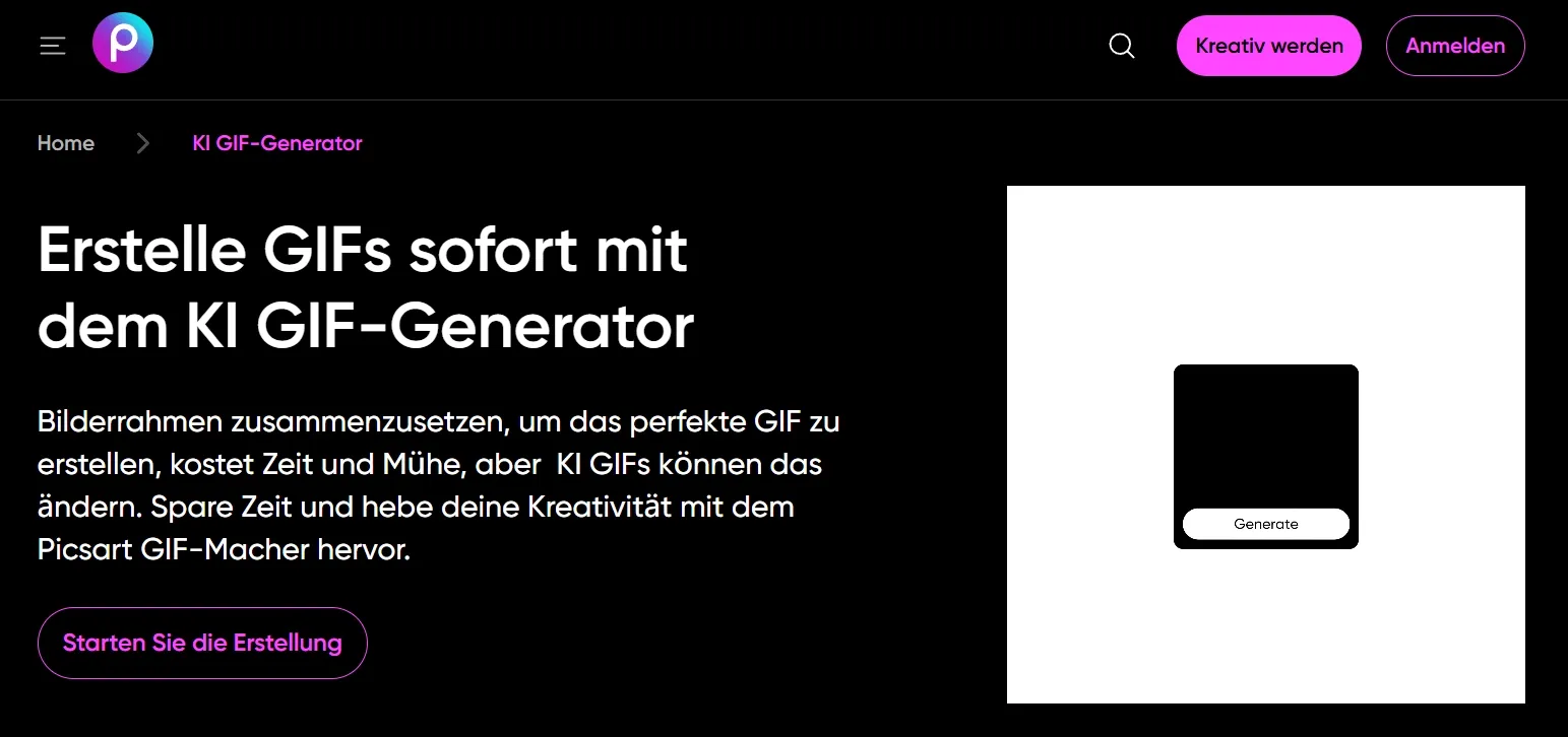Website für den KI GIF-Generator mit Beschreibung und Button zum Erstellen von GIFs.