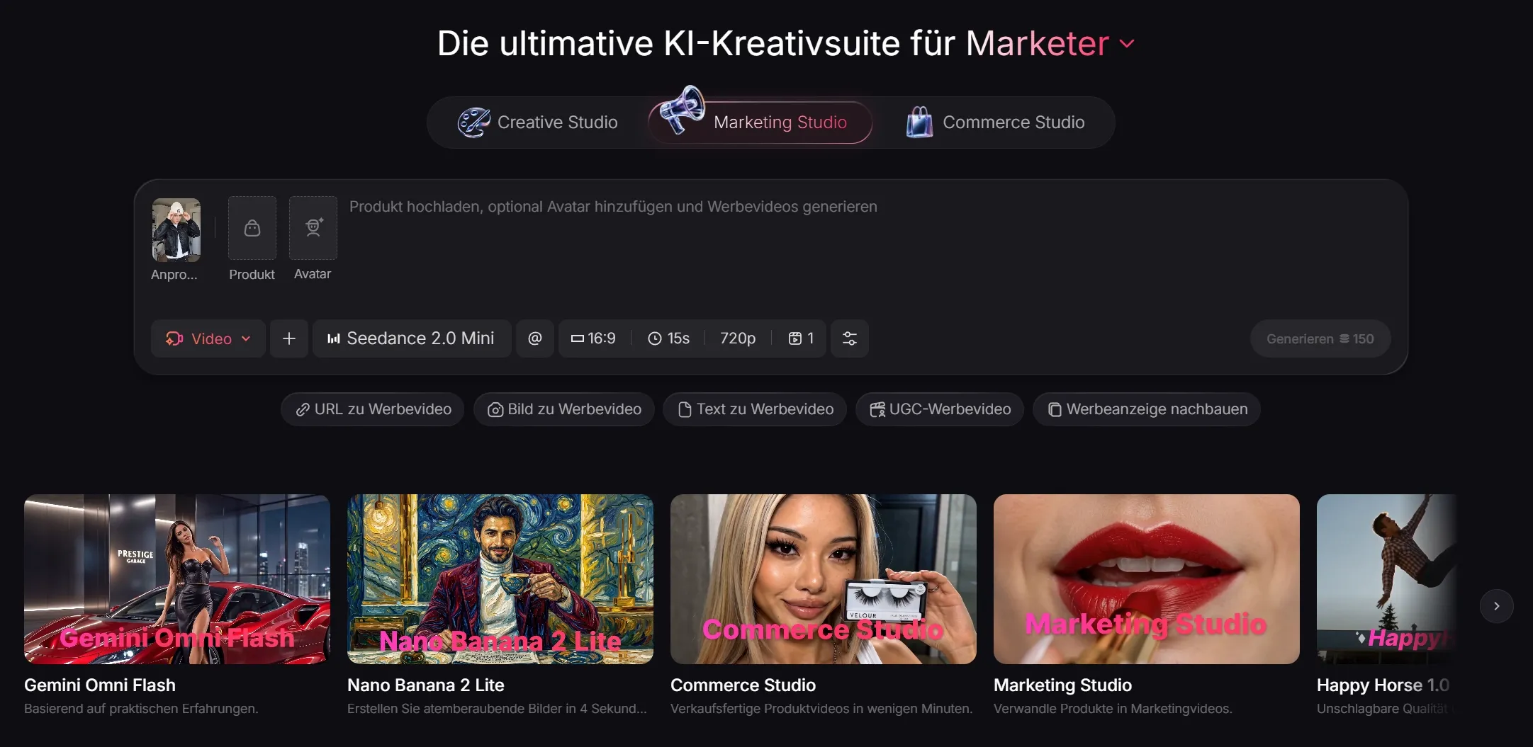 Die Benutzeroberfläche einer KI-Kreativsuite für Marketingzwecke.