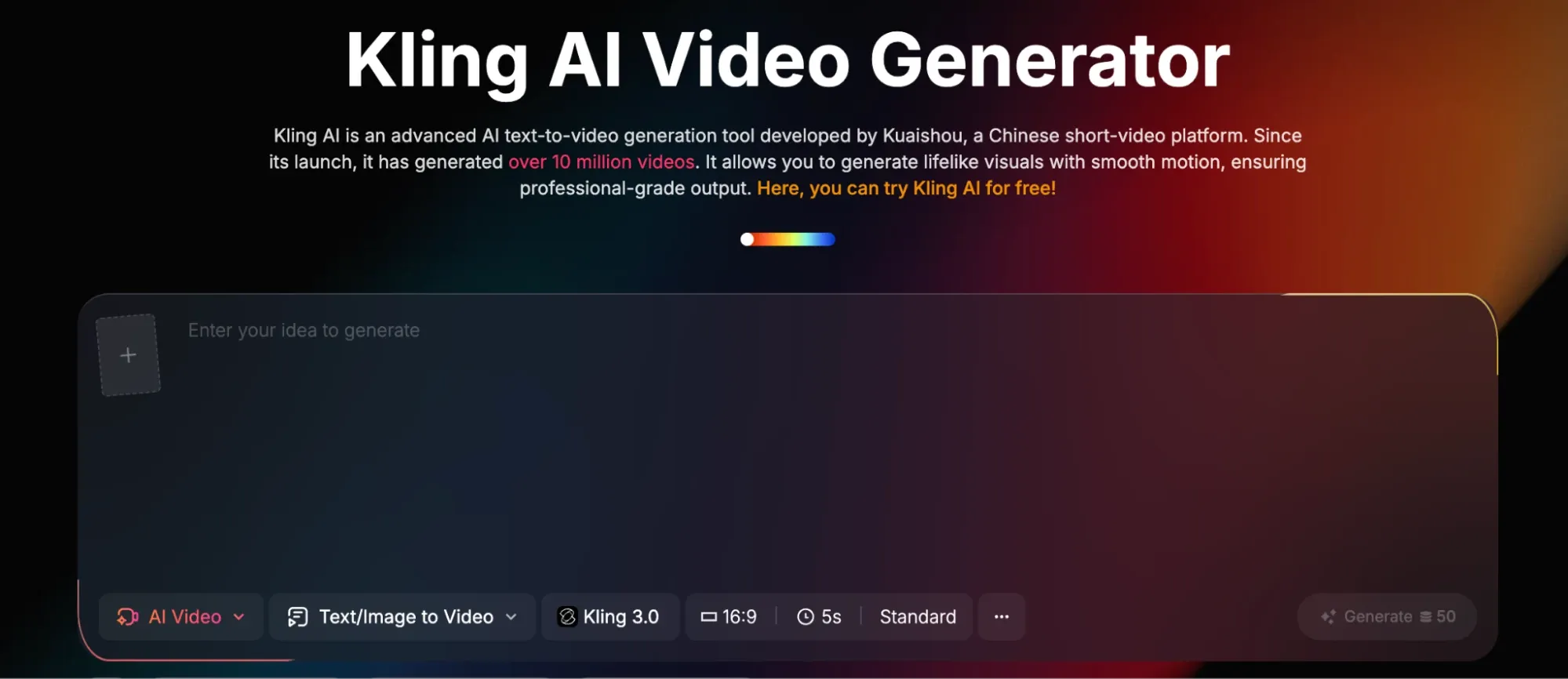 Página de aterrizaje del generador de vídeo Kling AI con cuadro de entrada de prompts y opciones de generación