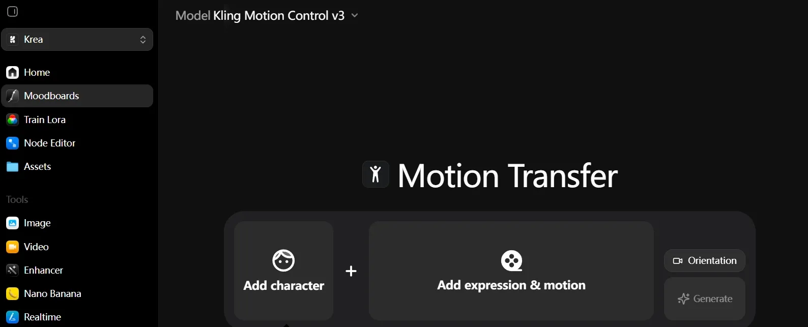 User interface for Kling Motion Control with options to add characters and motions.