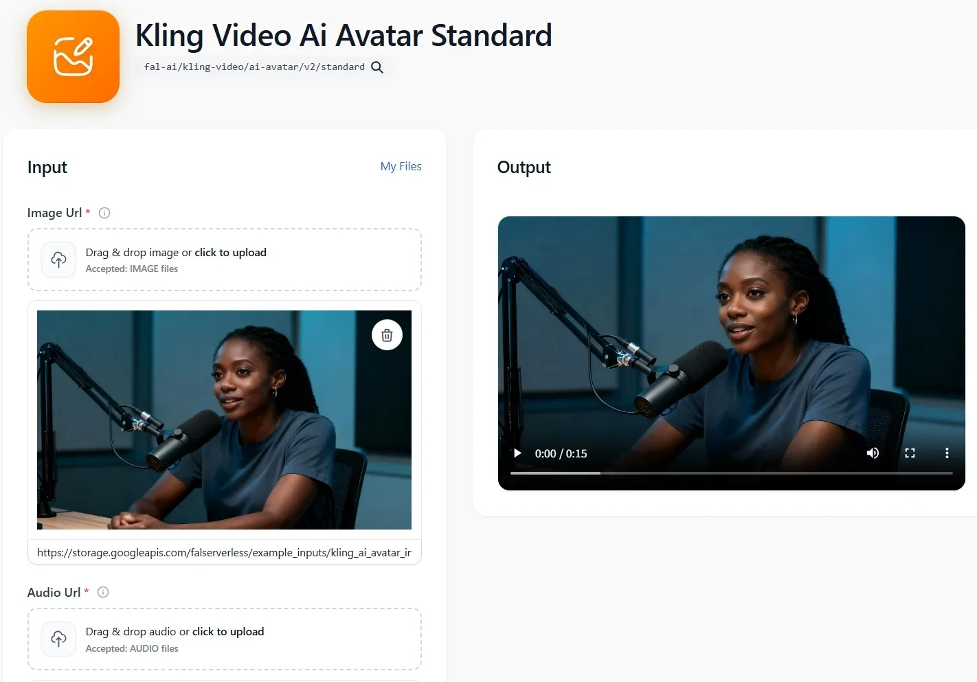 Kling Video AI Avatar Standard værktøjsgrænseflade til generering af avatarvideoer fra billeder og lyd