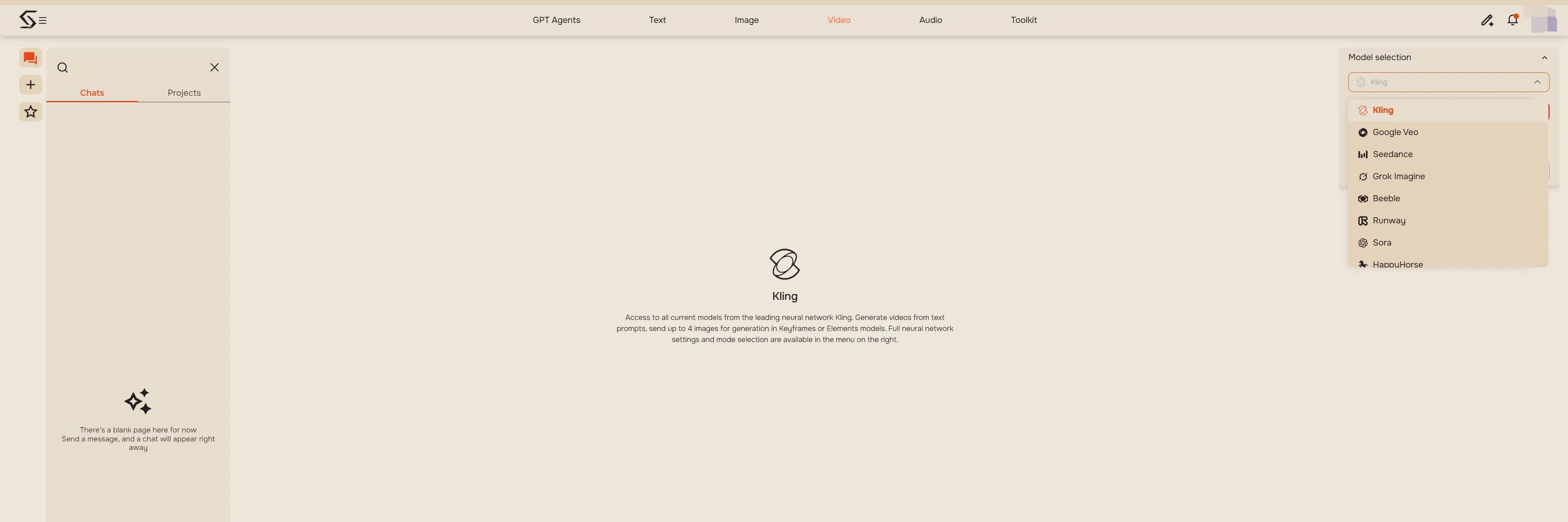 Interface for Kling video generation with model selection options.