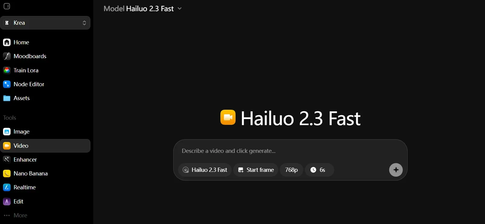 User interface for Hailuo 2.3 Fast video generation tool.