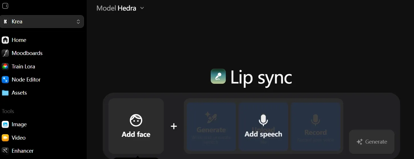 User interface for lip sync feature with options to add face and speech.