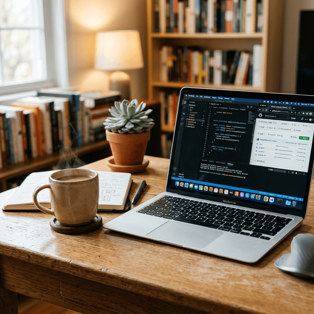 Laptop und heißer Kaffee