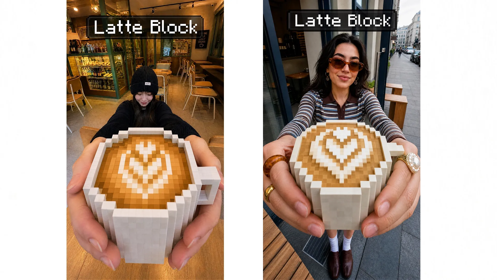 Two people holding pixelated latte art cups with heart designs.