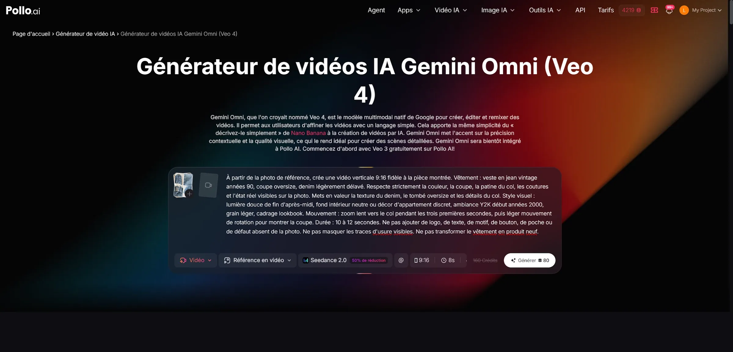 Interface du générateur de vidéos IA Gemini Omni sur Pollo AI