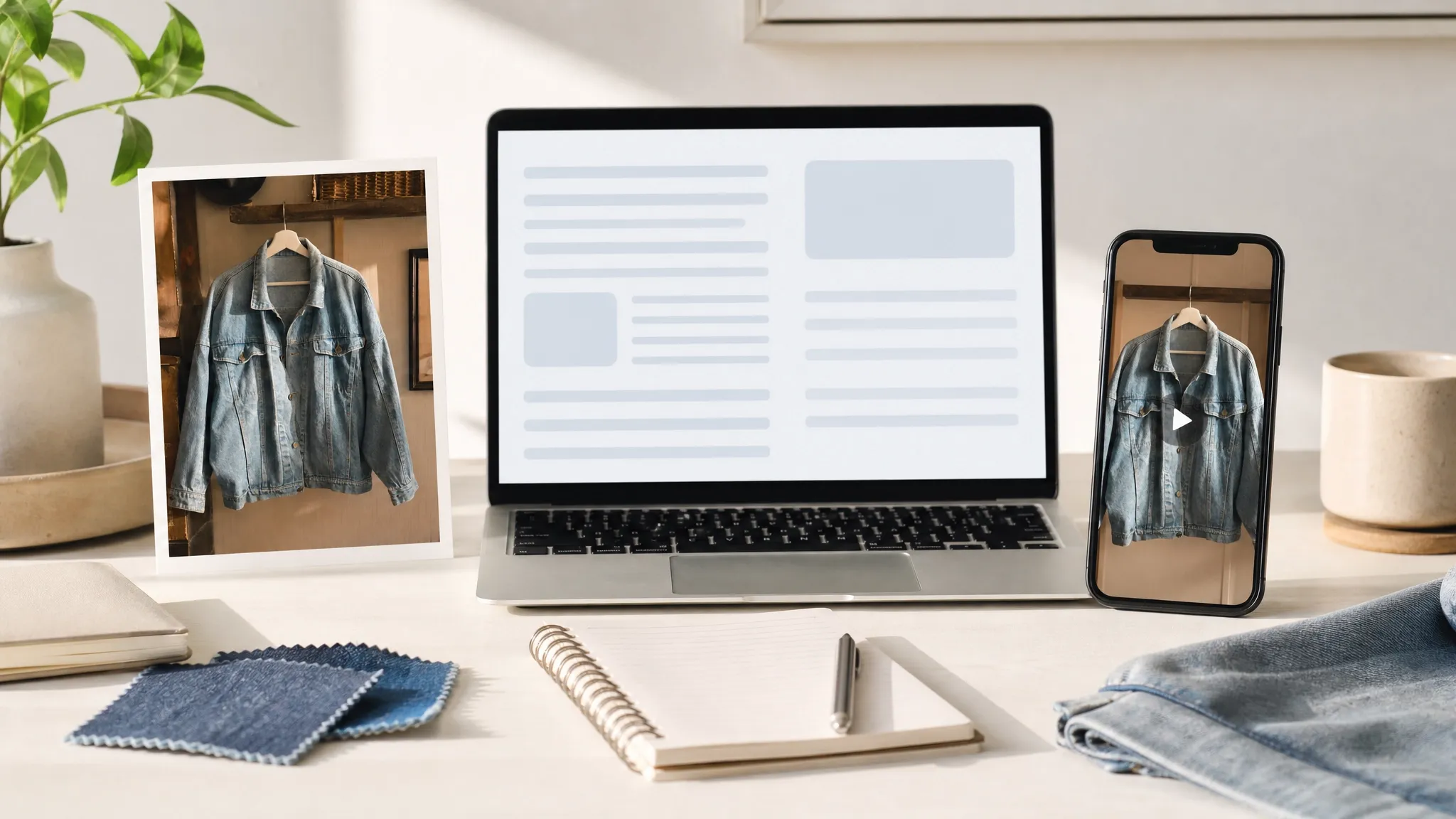 Espace de travail avec ordinateur, smartphone et visuels d’une veste en jean pour créer du contenu produit