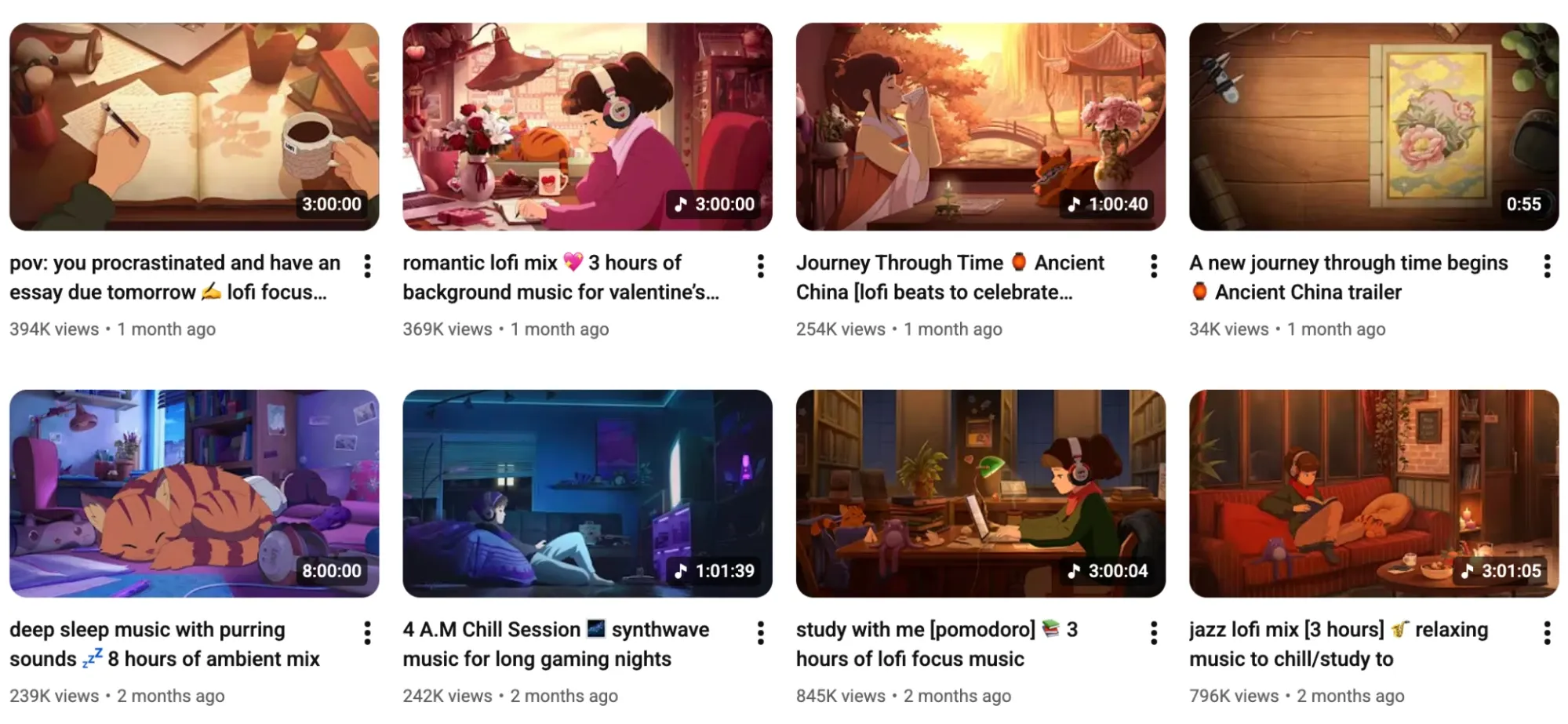 На YouTube-видеороли с музыкой в ​​стиле лоу-фай, изображающие сцены учебы и отдыха, такие как письменные столы, спальни и интерьеры в старинном стиле.