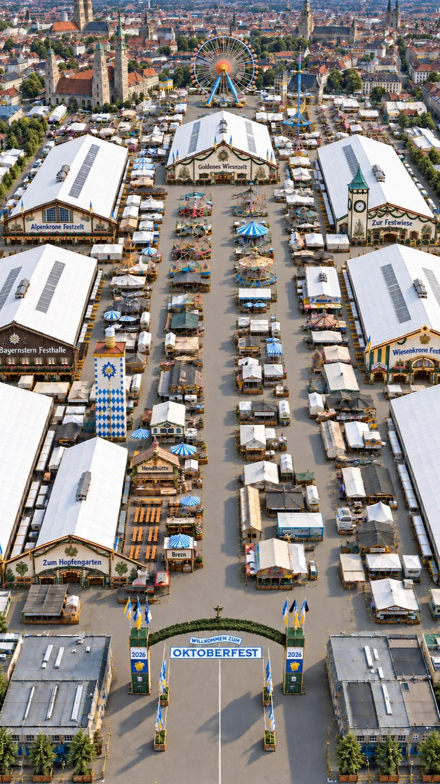 Luftaufnahme des Oktoberfests mit Festzelten und Fahrgeschäften.