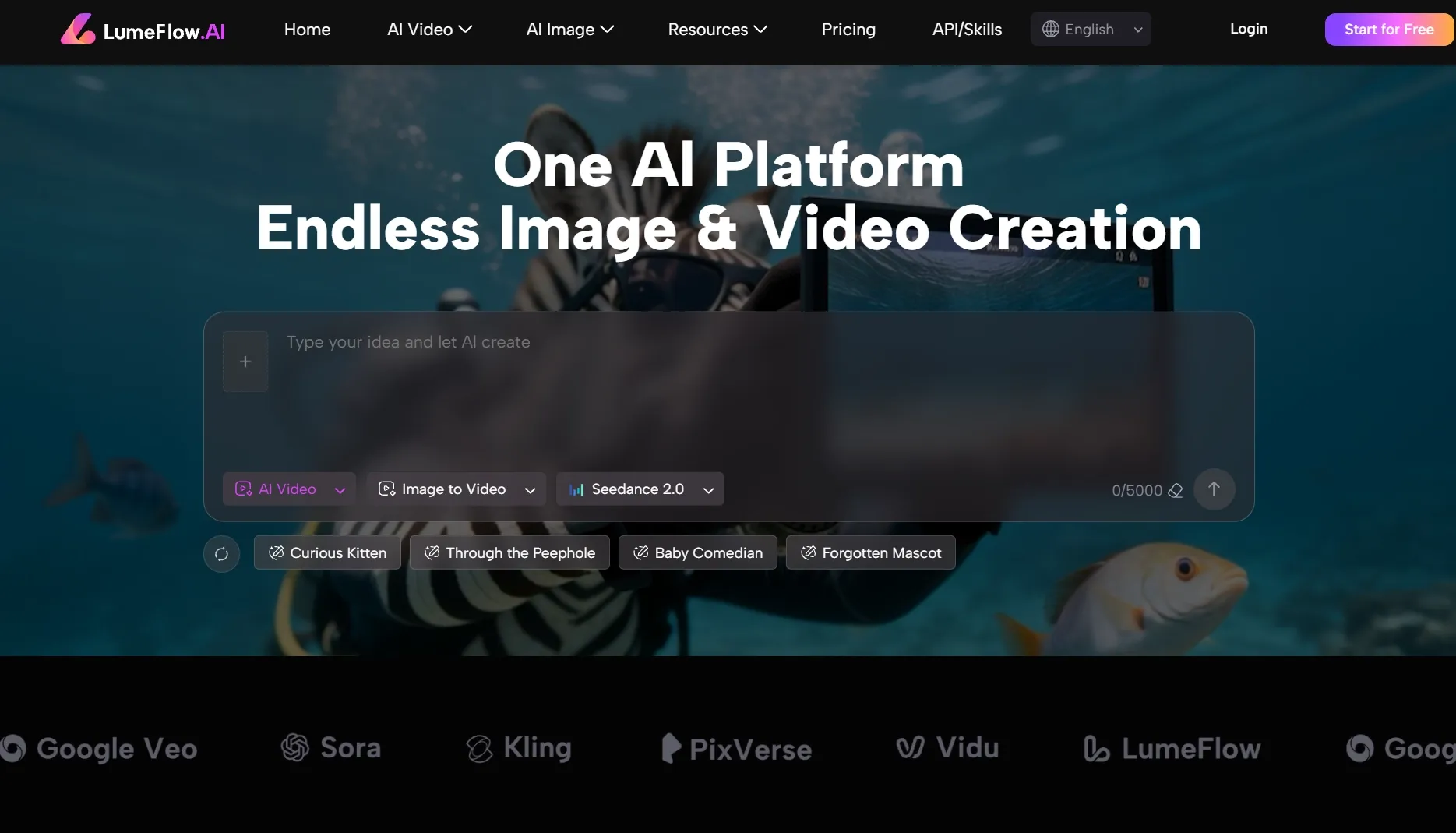 Een website-interface voor LumeFlow AI met tools voor het maken van afbeeldingen en video's.