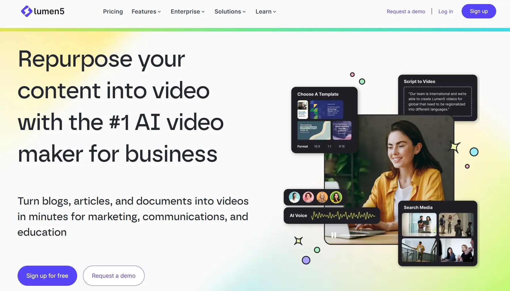 A woman using Lumen5 to create videos from content with various templates displayed.