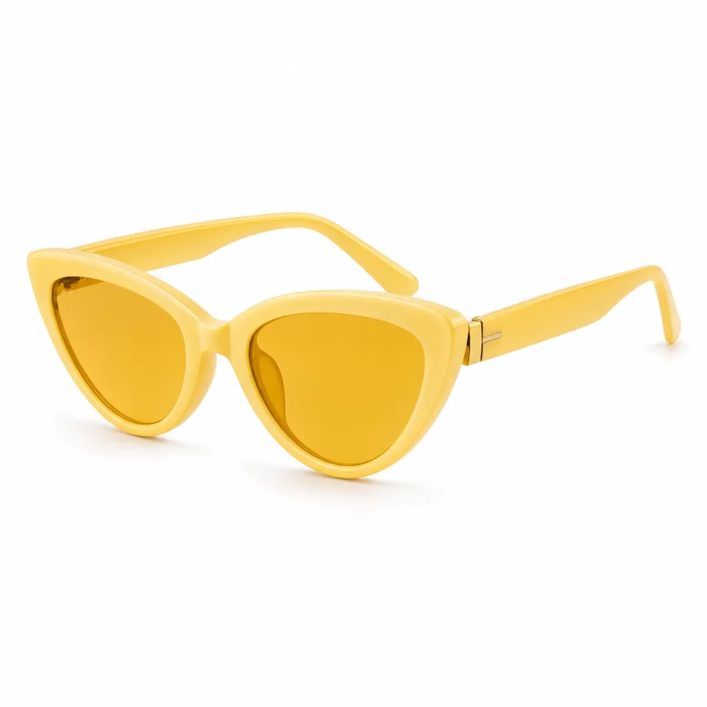Lunettes de soleil œil de chat jaunes sur fond blanc