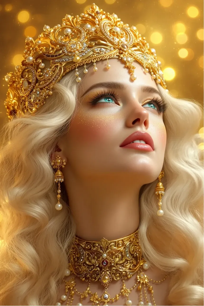 Exquisite golden royal jewelry portrait of blonde female character with delicate pearl and gem ornaments