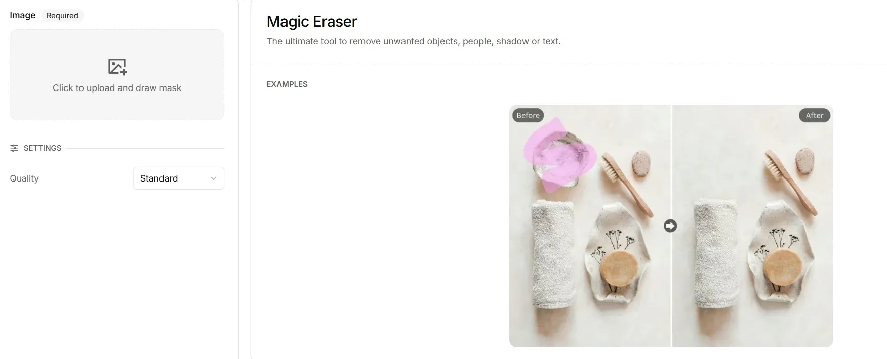 Pollo AI magic eraser tool interface with object removal before and after example