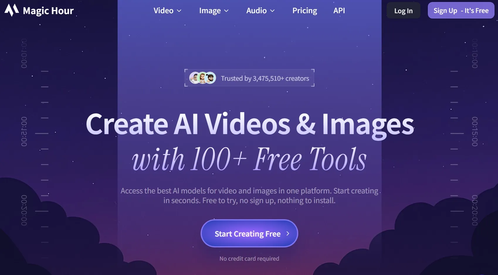 Sito web che promuove strumenti di intelligenza artificiale per la creazione di video e immagini, con accesso gratuito.