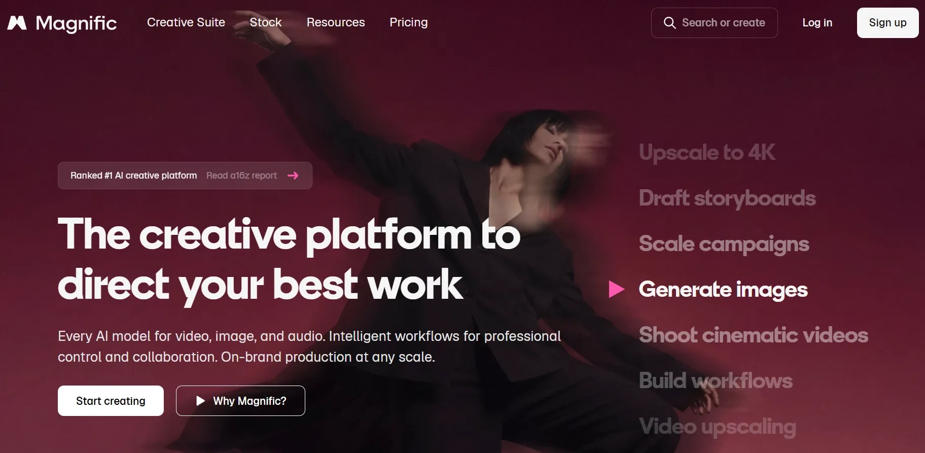 Magnifica homepage che mostra una piattaforma creativa basata sull'intelligenza artificiale con opzioni di generazione e ridimensionamento.