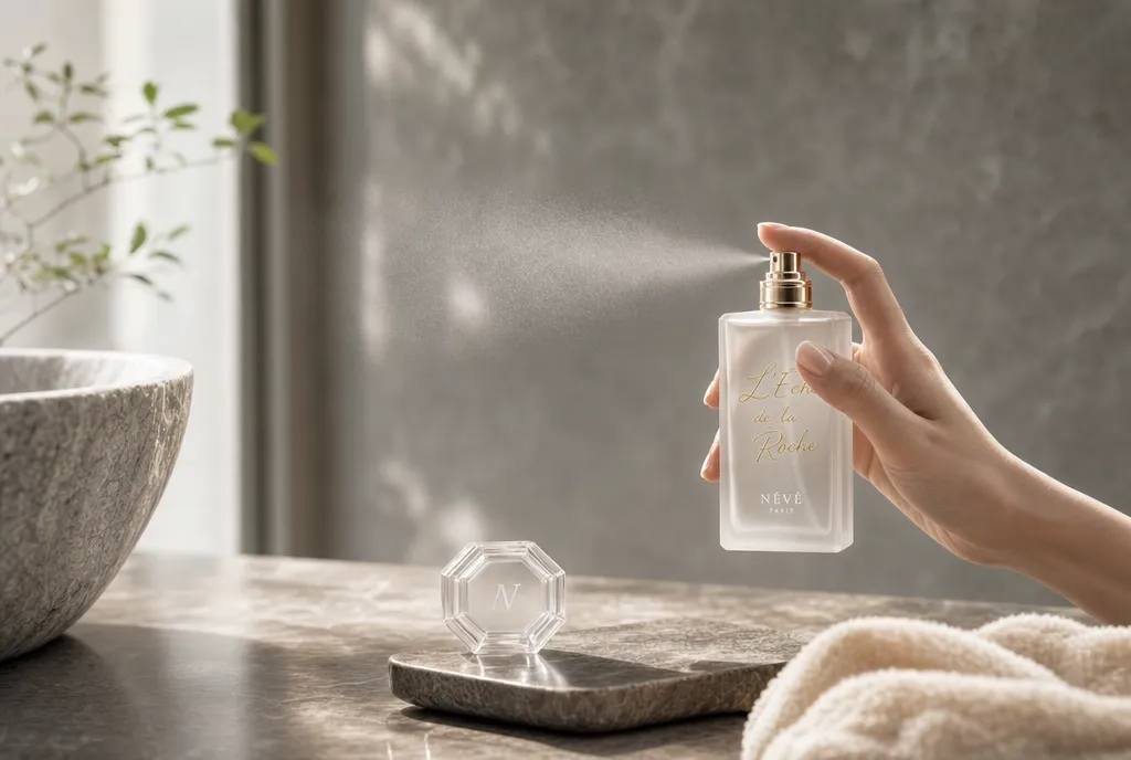 Main vaporisant un parfum NÉVÉ