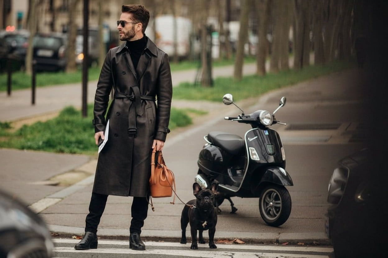 A stylish man in a black leather trench coat, black turtleneck, and sunglasses stands on a city sidewalk holding a tan bucket bag