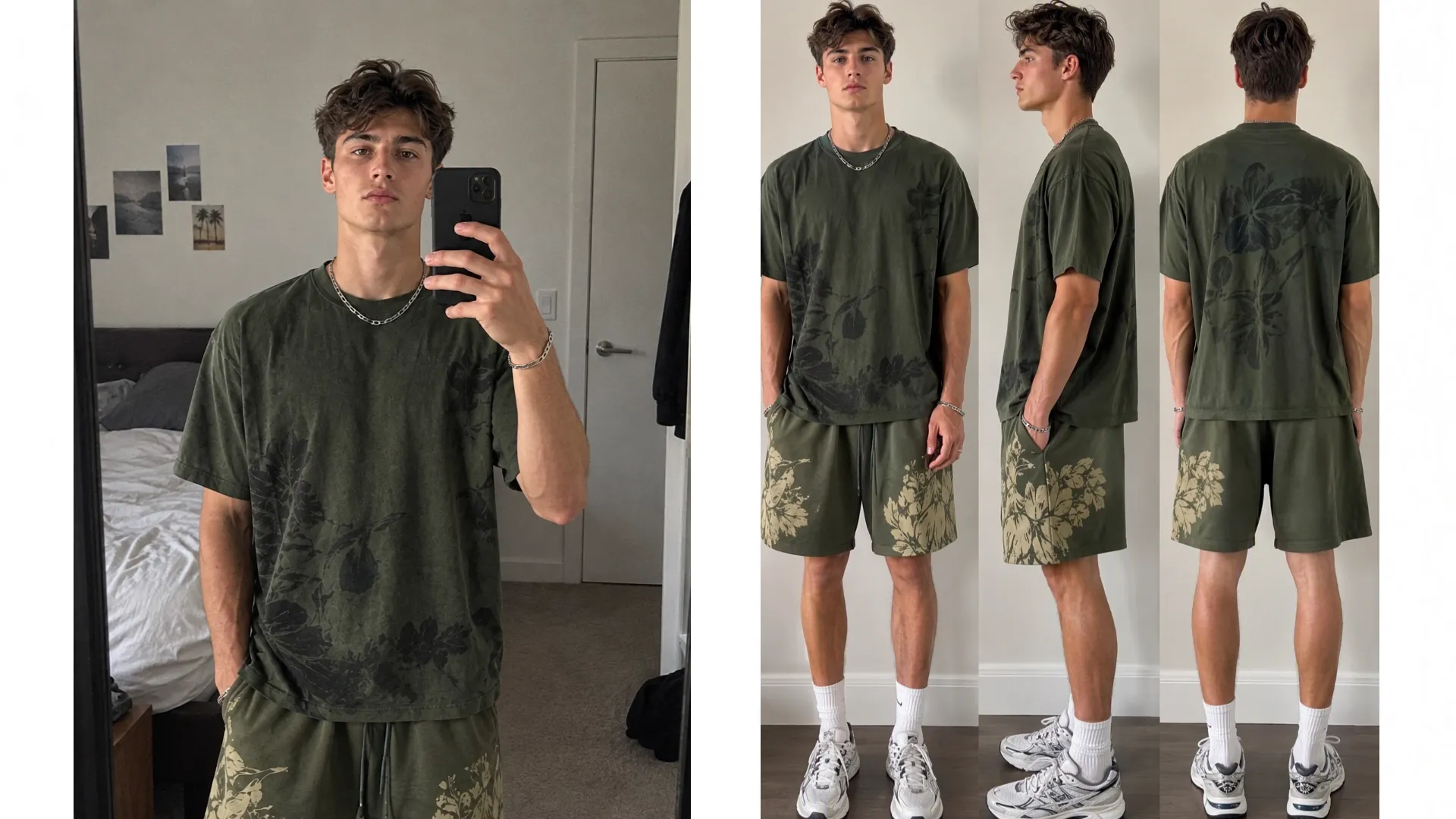 A man poses in a green floral t-shirt and matching shorts, showcasing different angles.
