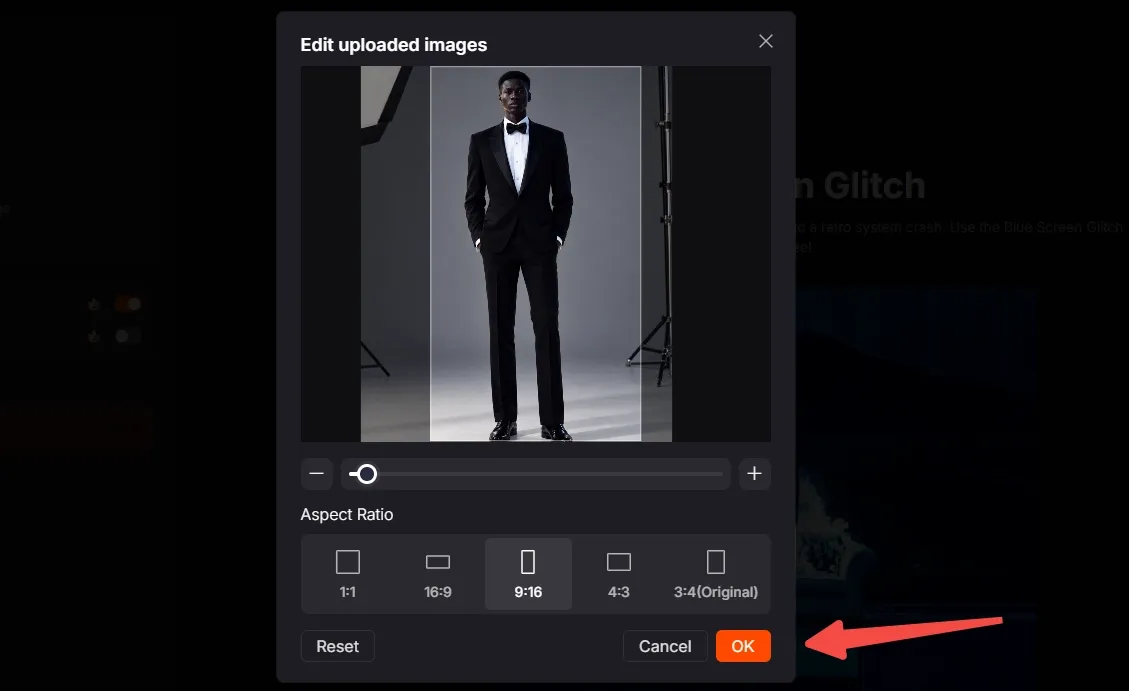 A man in a tuxedo stands in front of a photo editing interface.