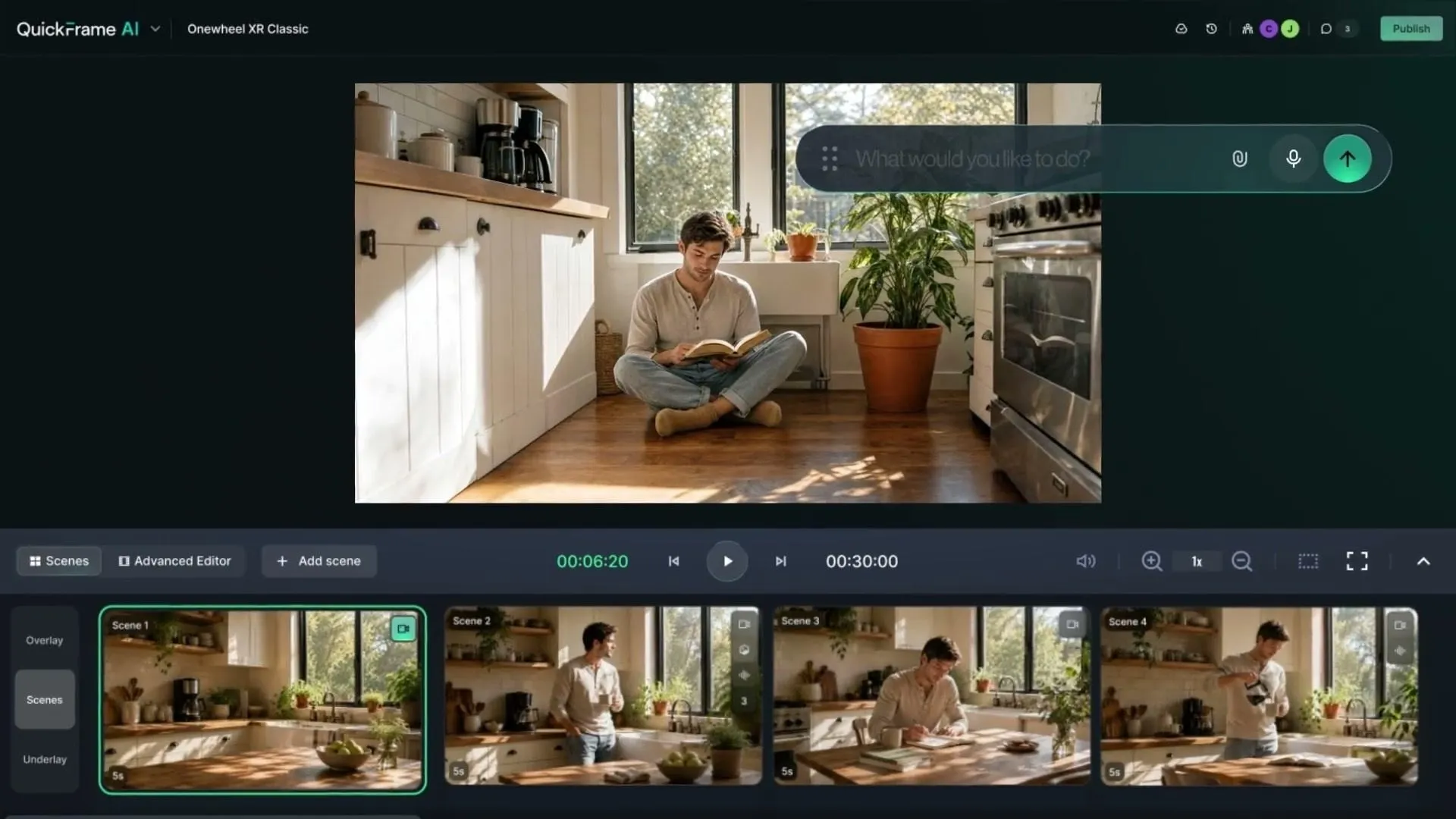 QuickFrame-editor met scènekarten, centrale preview en tijdlijnbediening.