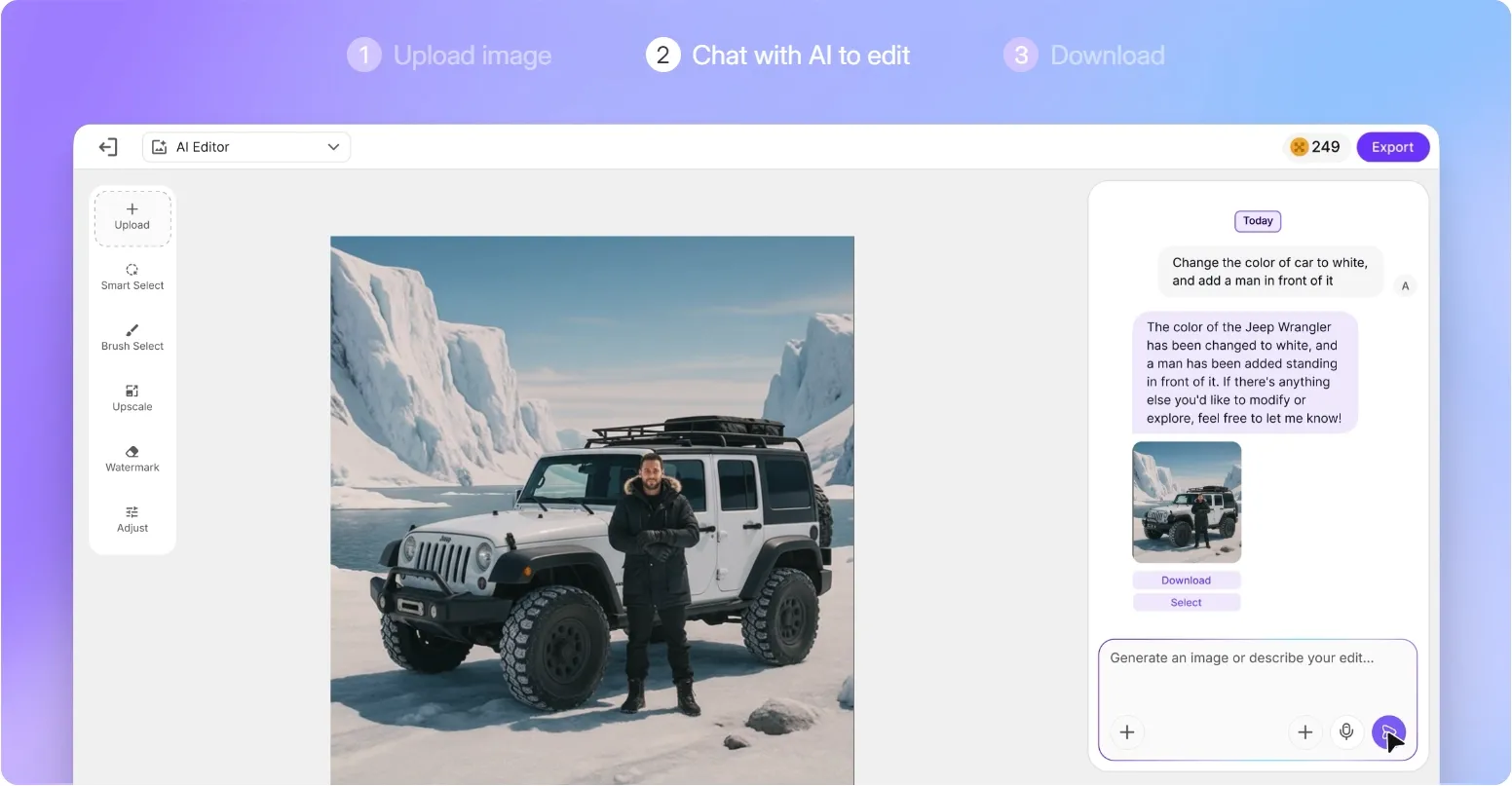A man stands in front of a white Jeep Wrangler on a snowy landscape.