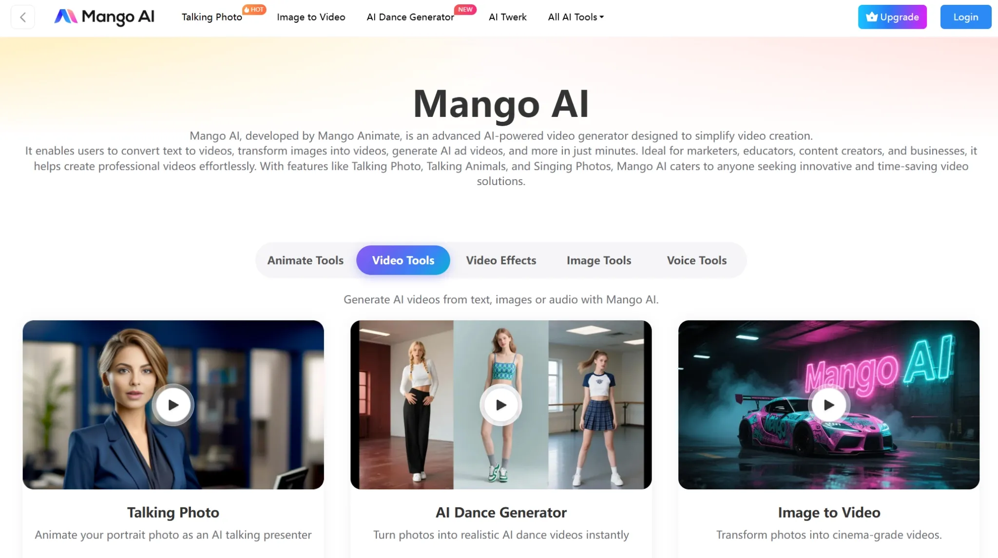 La plateforme Mango AI présente ses outils et fonctionnalités de génération vidéo.