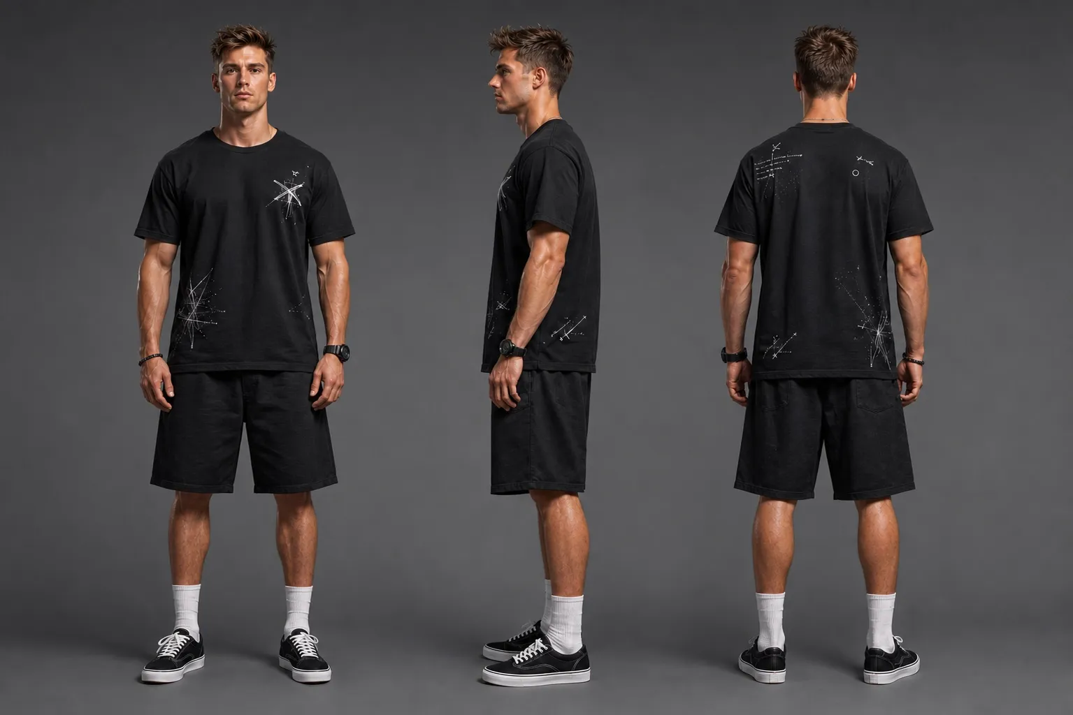Ein Mann trägt ein schwarzes T-Shirt und Shorts mit grafischen Details.