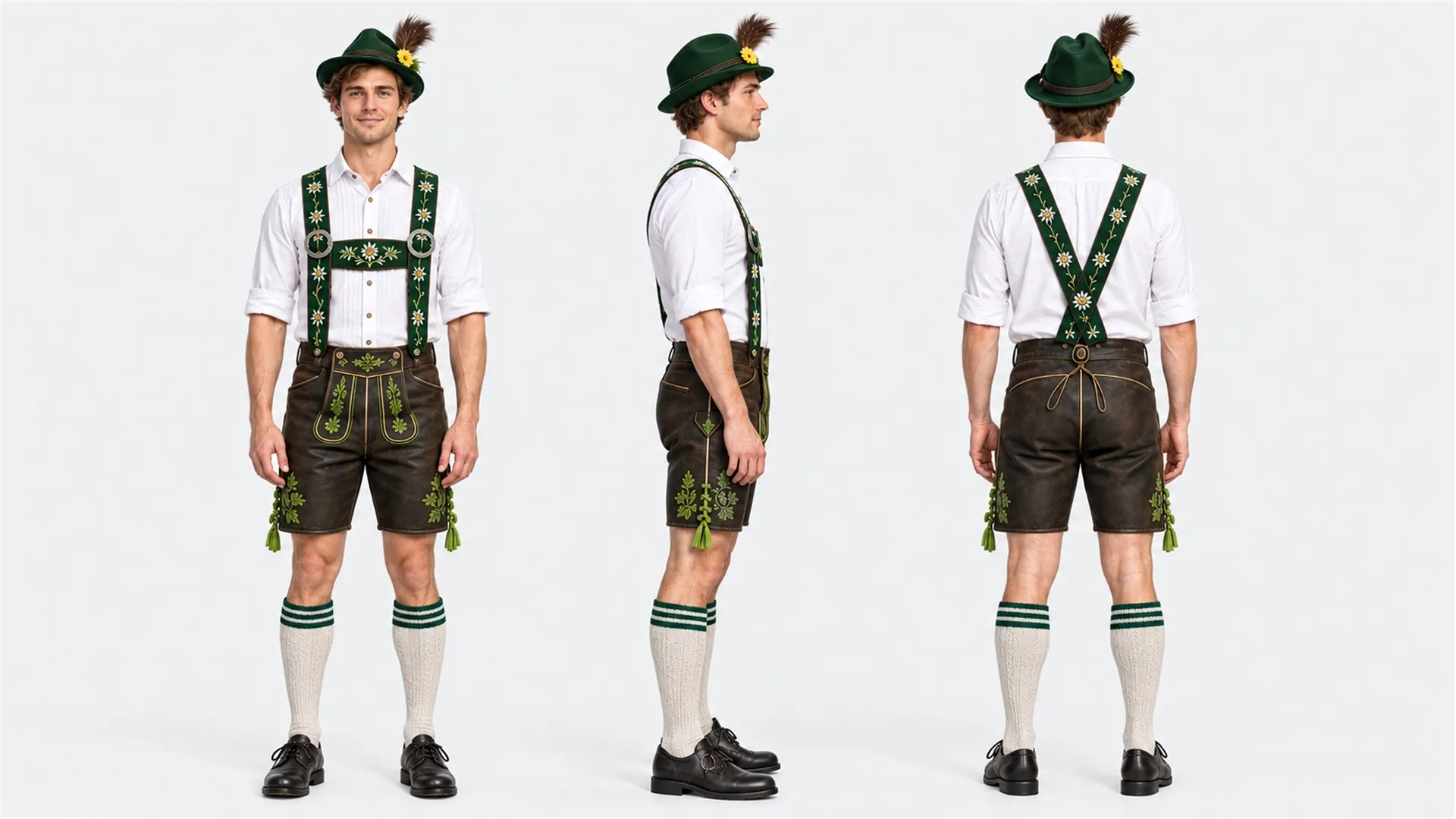 Ein Mann trägt eine traditionelle Tracht mit Lederhosen und einem grünen Hut.