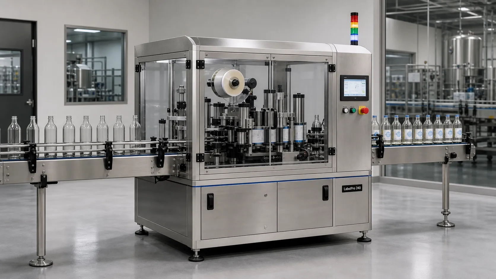 Máquina etiquetadora automática con botellas en una fábrica moderna.