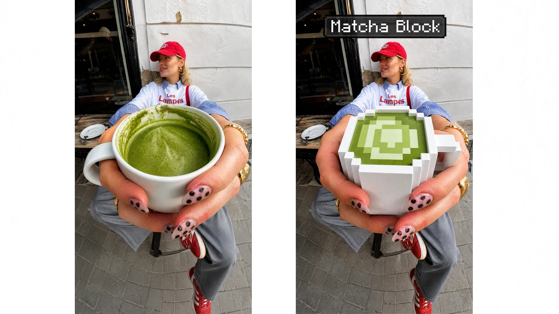 A person holds two matcha drinks, one in a white cup and another in a blocky cup.