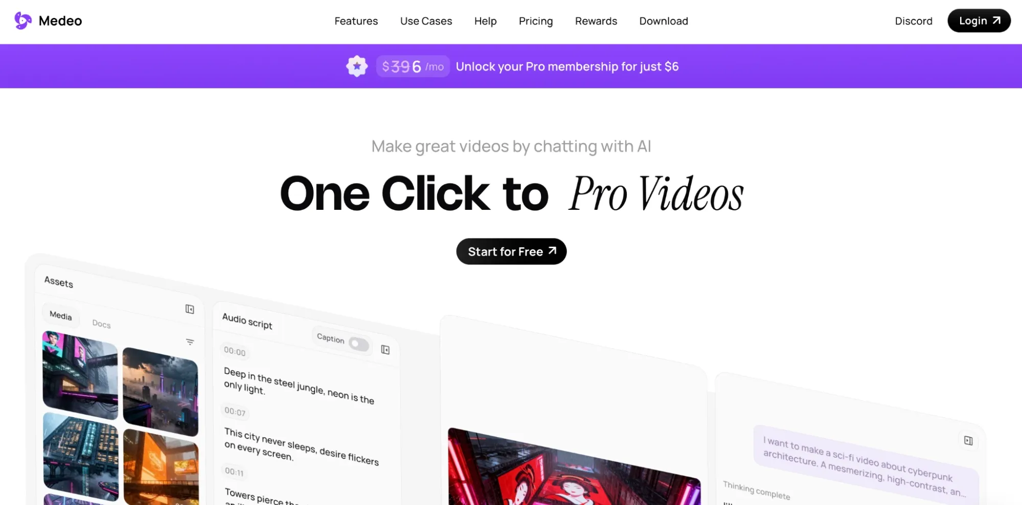 Medeo landing page promoting one-click AI video creation tools