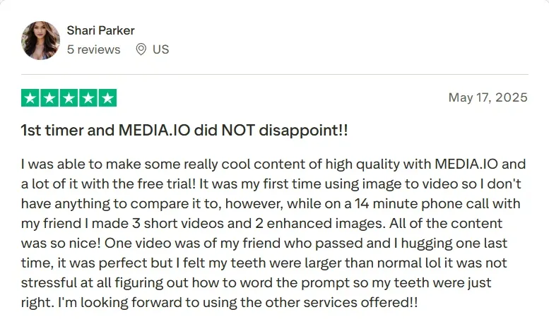 Five‑star positive user review for Media.io by Shari Parker, sharing great experience of creating high‑quality content for the first time