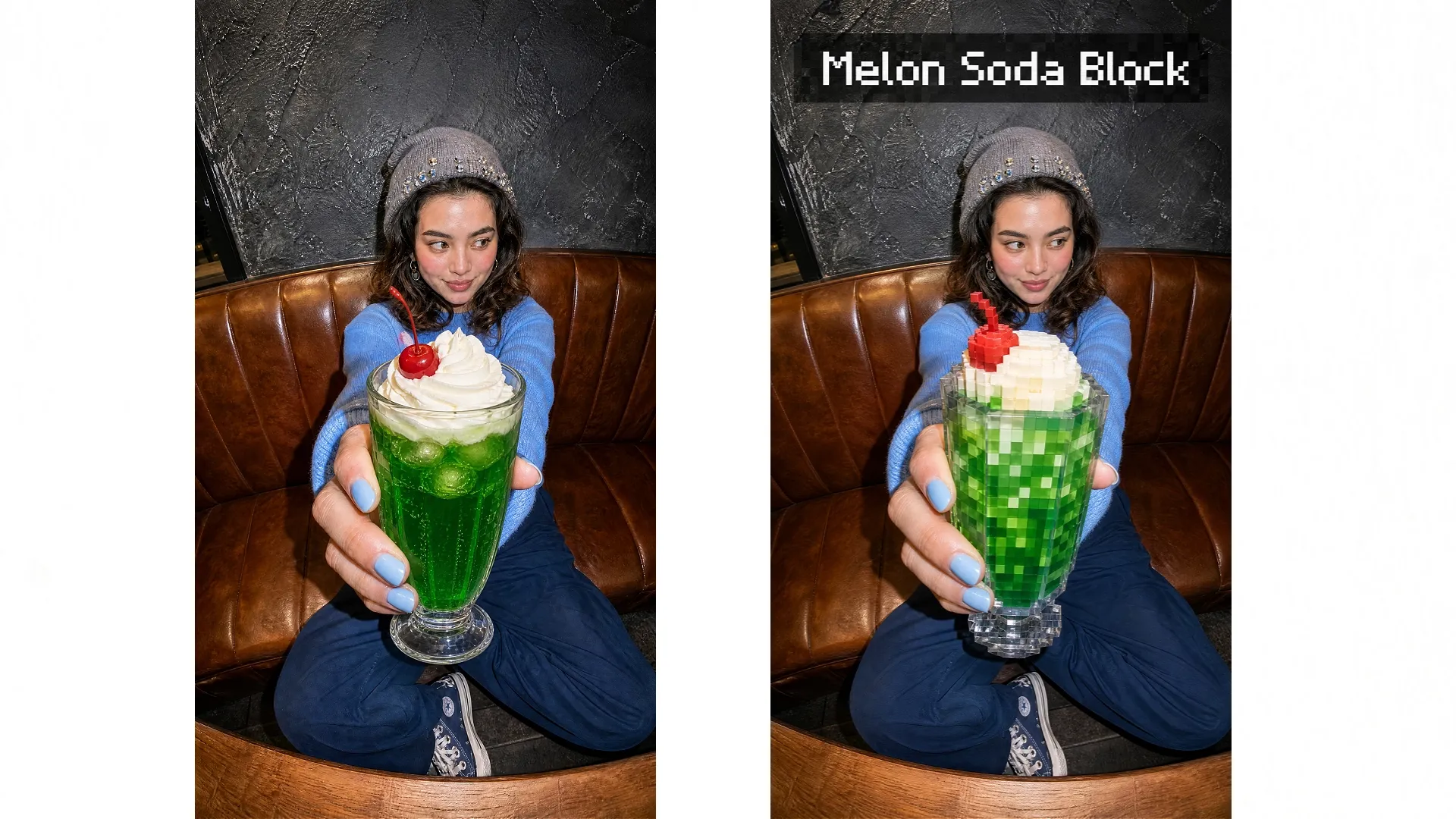 A woman holds a green melon soda topped with whipped cream and a cherry.