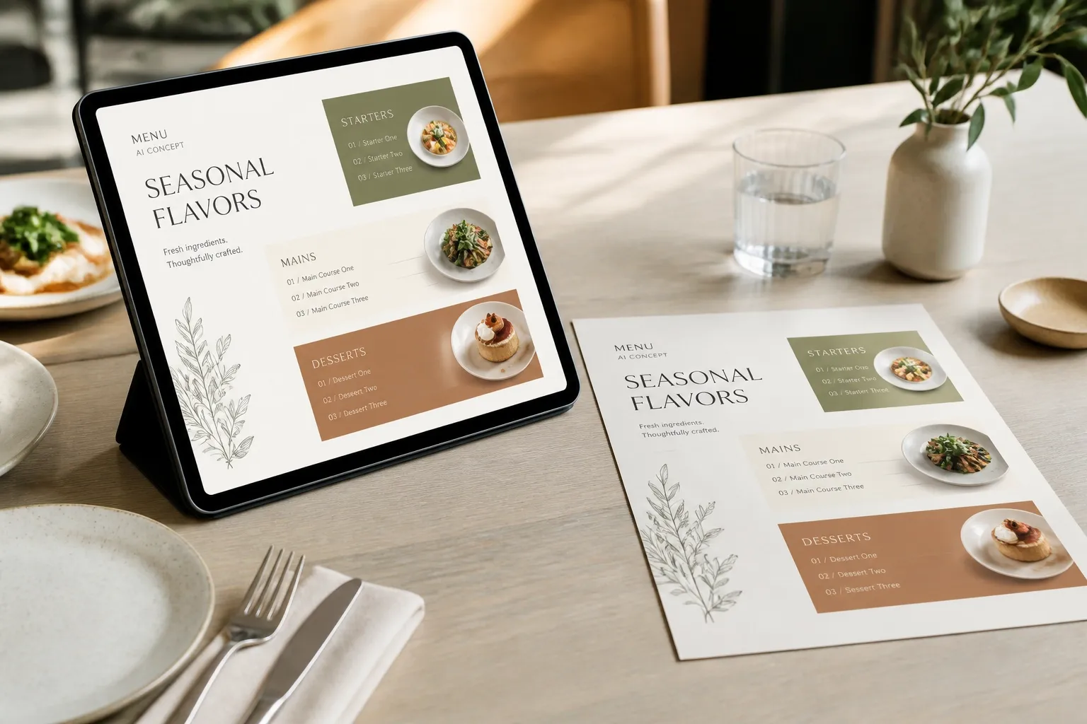 Menú con opciones de entrantes, platos principales y postres en una mesa.