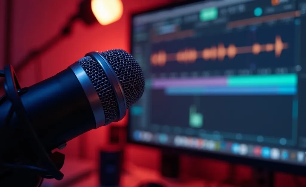 A microphone is facing a computer