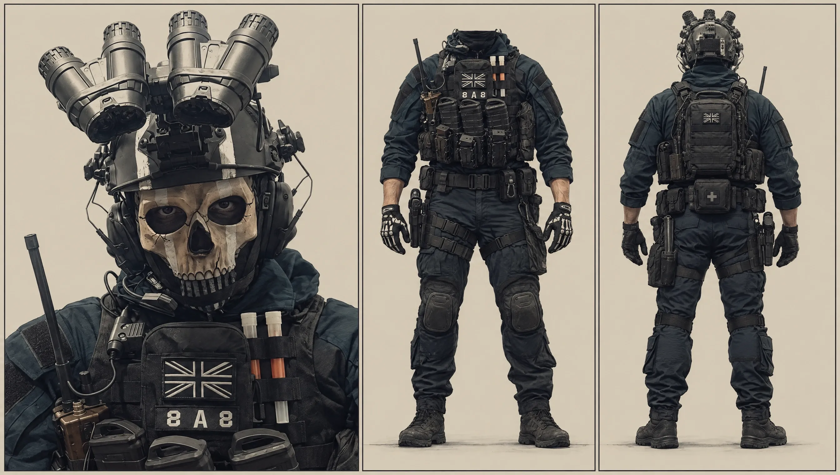 A soldier in tactical gear with a skull mask and night vision goggles.