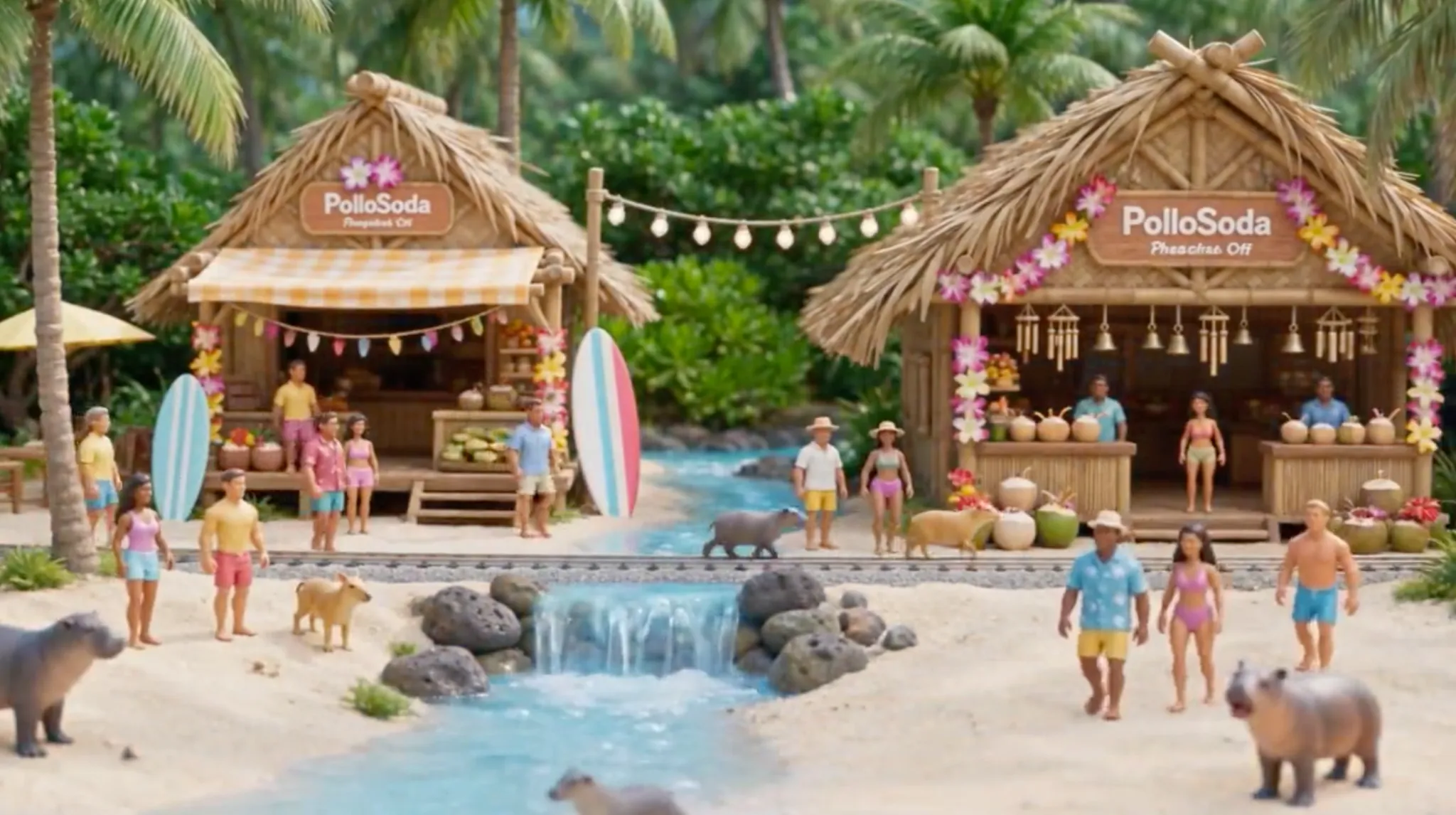 A vibrant beach scene with miniature figures, huts, and animals.
