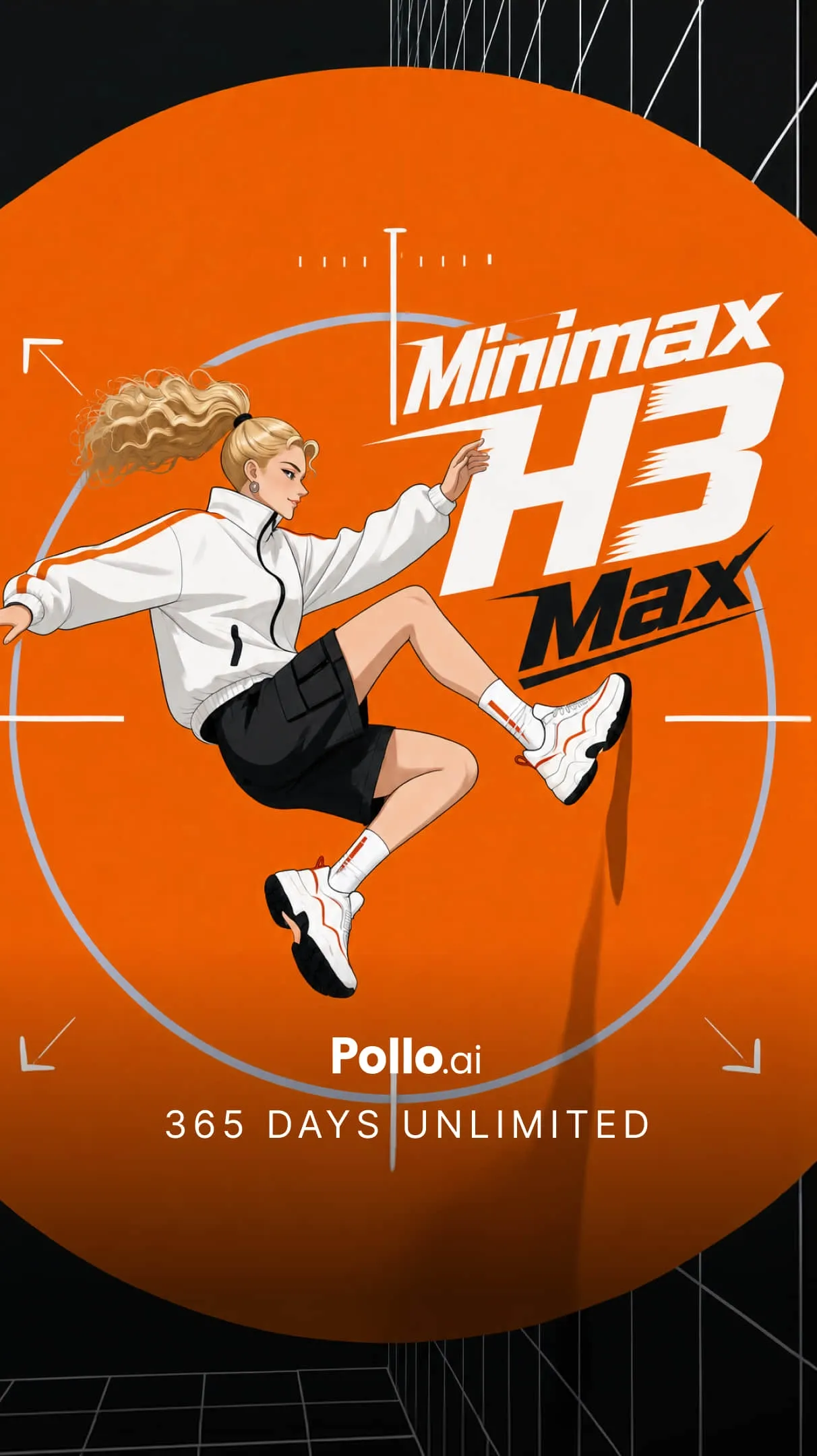 A character in sportswear jumps against an orange background with branding.