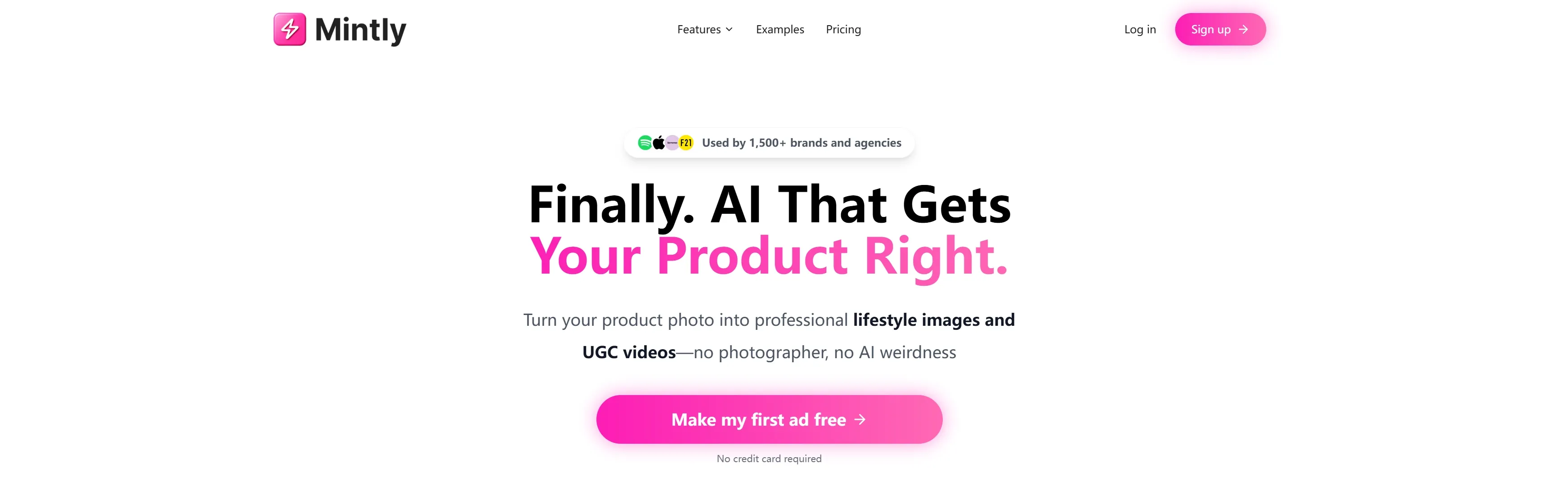Mintly-homepage die AI promoot voor productfotografie en lifestyleafbeeldingen.